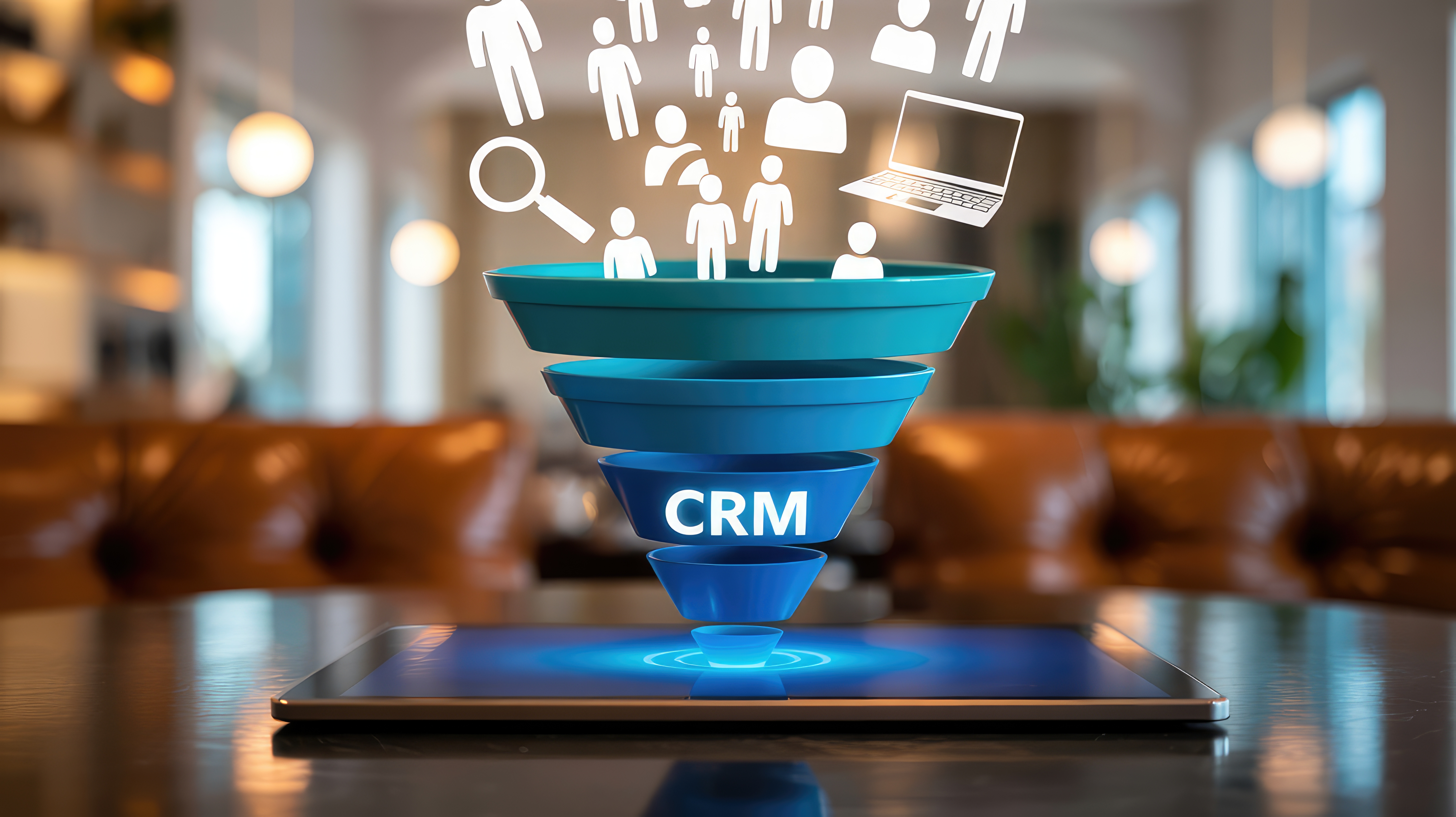 A vibrant digital customer relationship management CRM marketing and sales funnel with people icons and laptop